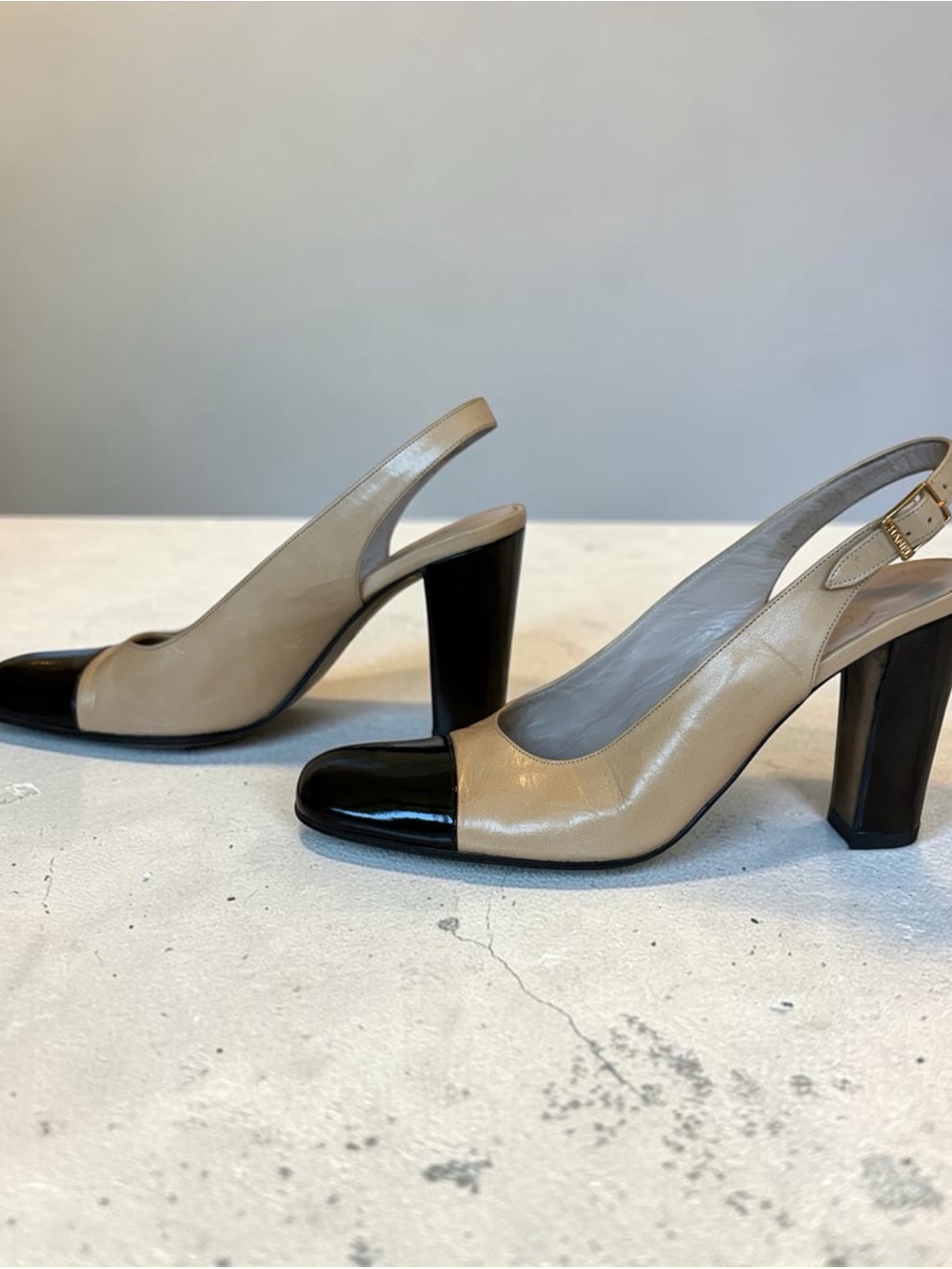 CHANEL Beige and Black Two-Tone Slingback Block Heel